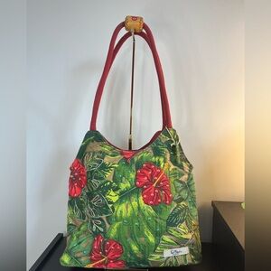 Paul Brent Canvas Tropical Green and Red Large Women's Tote Bag Resortwear